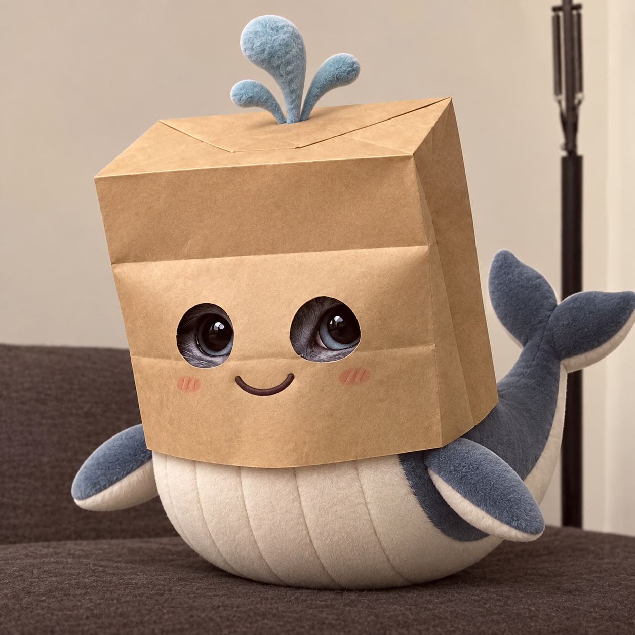 Anonymous Whale, a blue plush whale wearing a kraft-paper box mask